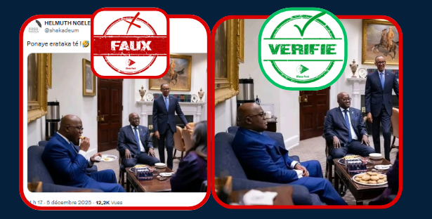 Attention, cette image de Félix Tshisekedi en train de manger des biscuits en présence de Paul Kagame et d'autres personnalités politiques, a été manipulée