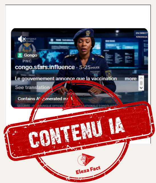 Cette vidéo attribuant une annonce de vaccination obligatoire contre Ebola au Gouvernement de la RDC a été générée par IA