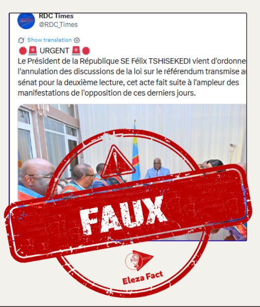 Faux : le président Félix Tshisekedi n’a pas ordonné l’annulation des discussions sur la loi relative au référendum