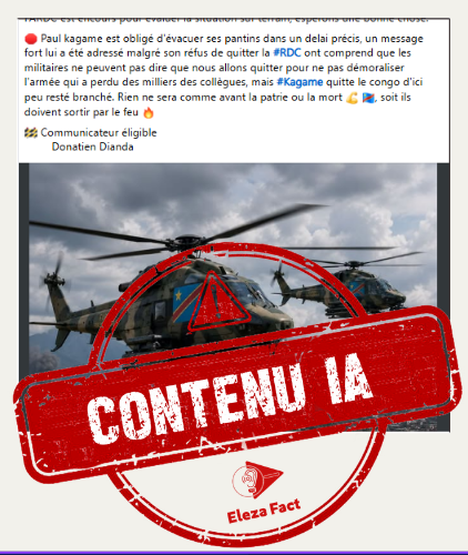 Attention : cette image de deux hélicoptères des FARDC survolant Goma a été générée par intelligence artificielle