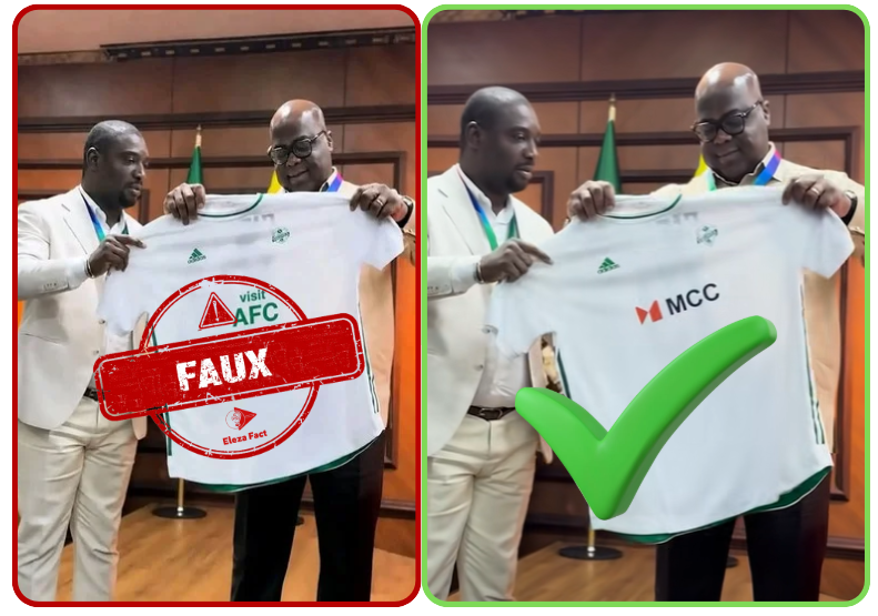 Faux : Félix Tshisekedi et Patrick Munyomo n’ont pas tenu un maillot portant les inscriptions « Visit AFC », cette image est manipulée par l’IA